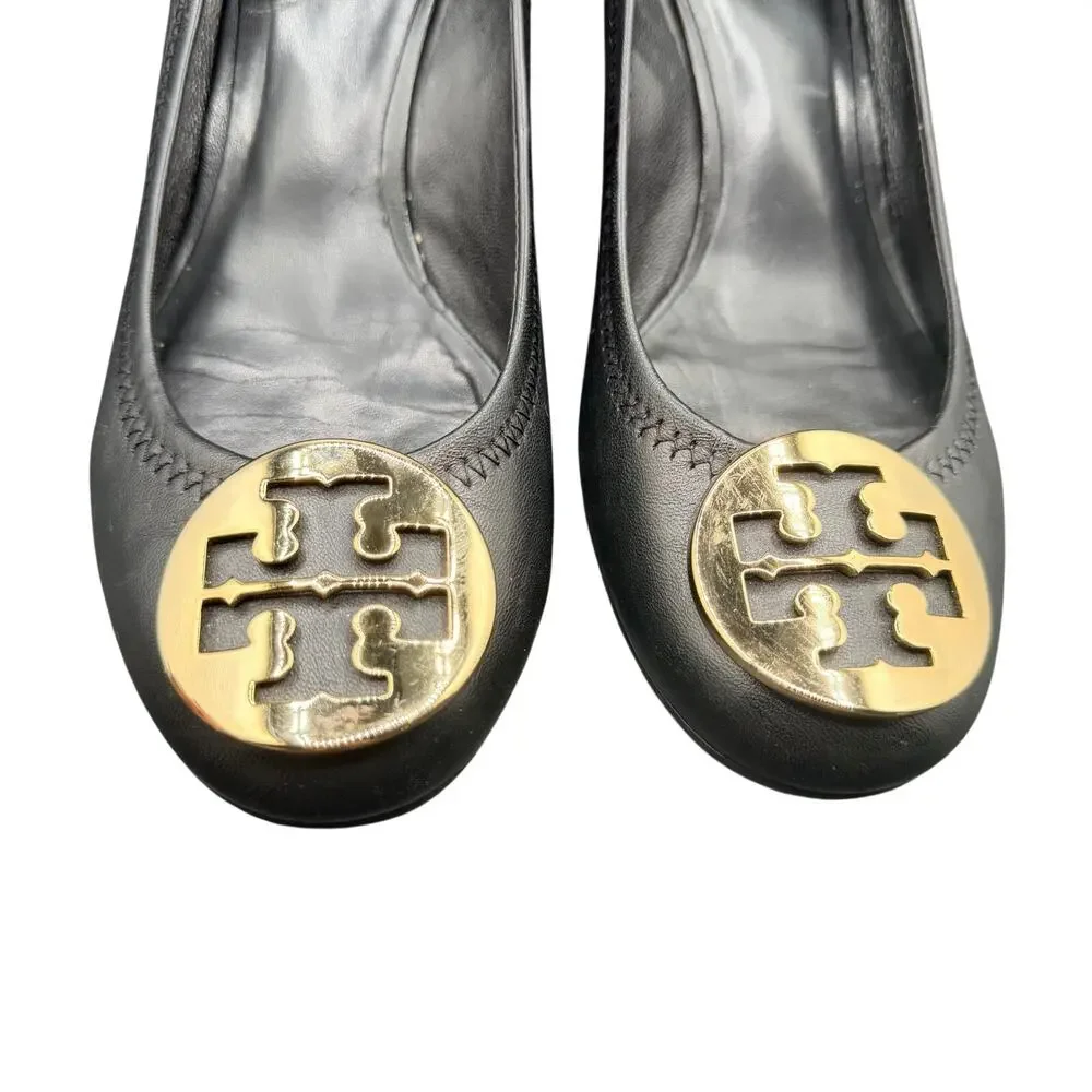 Tory Burch Black Leather Wedge Pumps Gold Logo Size 6.5
